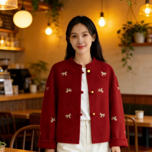 品牌新年战袍本命年红色双面羊绒短外套中国风唐装刺绣羊毛呢上衣