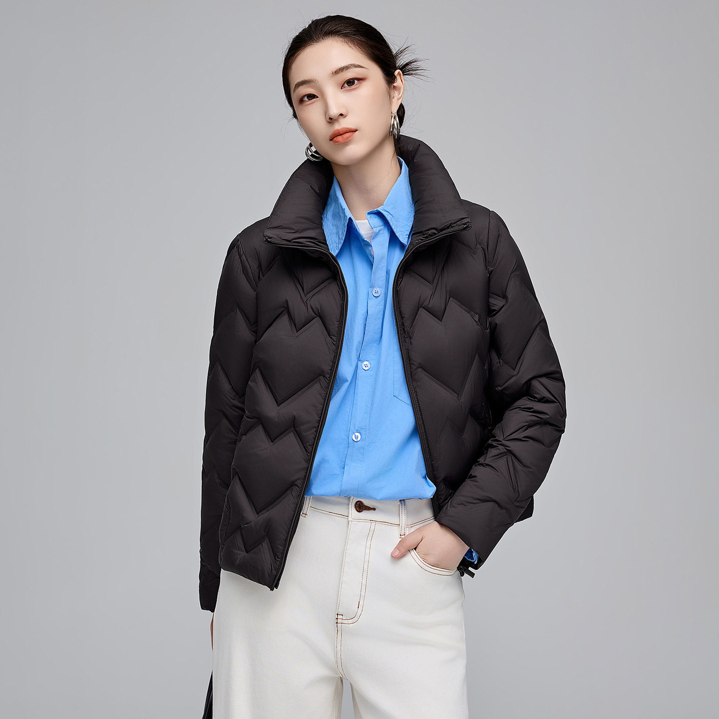 品牌正品90白鸭绒立领羽绒服女红色本命年菱格小个子洋气短款冬装