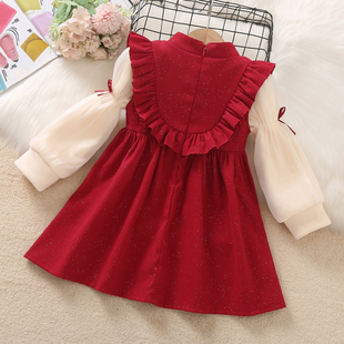 女童加绒连衣裙秋冬款洋气小女孩裙子新中式红色新年装儿童公主裙