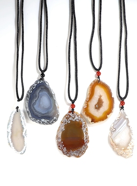 【天然】玛瑙带原皮毛衣链吊坠 水晶矿石切片个性挂件 楼叔