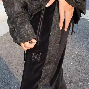 Needles 天鹅丝绒黑魂蝴蝶刺绣织带运动裤宽松阔腿休闲长裤男女潮