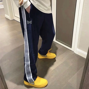 Needles 蓝丝绒蝴蝶刺绣织带运动裤秋冬男女百搭简约宽松直筒长裤