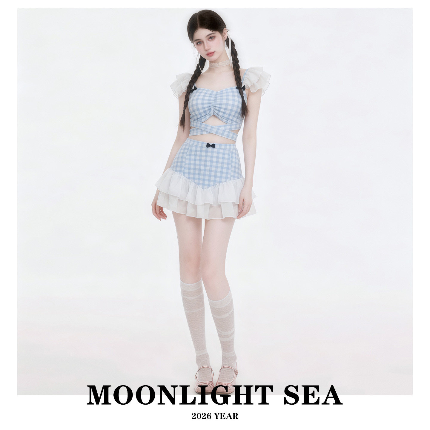 MOONLIGHTSEA蓝白格子裙式雪纺花边仙气显瘦保守分体游泳衣女温泉
