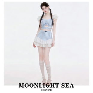 MOONLIGHTSEA蓝白格子裙式雪纺花边仙气显瘦保守分体游泳衣女温泉