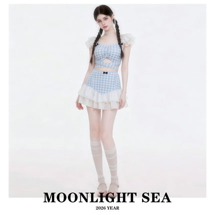MOONLIGHTSEA蓝白格子裙式雪纺花边仙气显瘦保守分体游泳衣女温泉