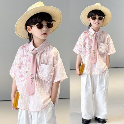 男童短袖花衬衫套装夏季薄款多巴胺衬衣儿童西装走衣礼服演出服潮