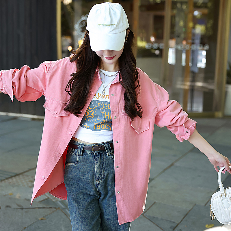 彩色牛仔衬衫外套女2025春秋新款韩版宽松大码休闲百搭中长款衬衣