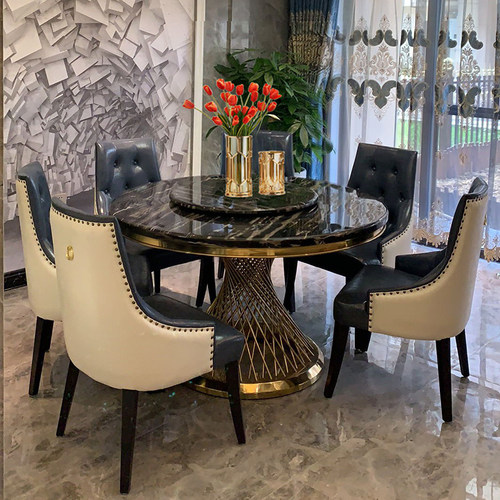 新款大理石圆形餐桌带转盘轻奢高端现代简约欧式家用圆桌吃饭桌子 - 封面