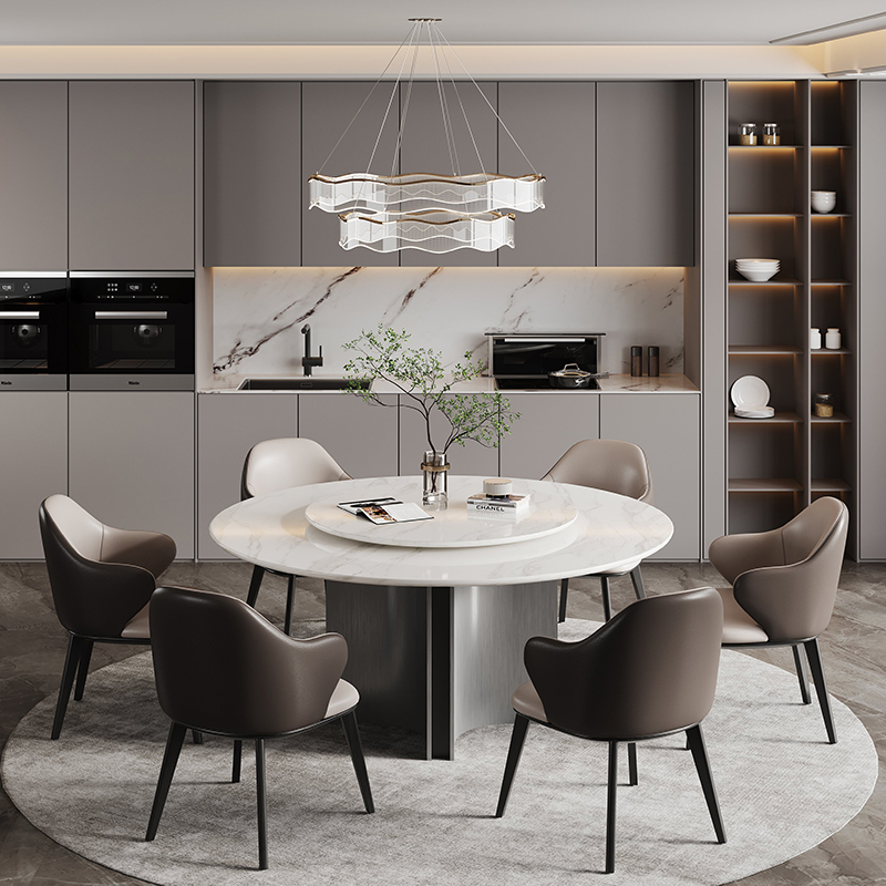 大理石餐桌圆形带转盘高端意式现代简约进口奢石黑玫瑰圆桌椅组合