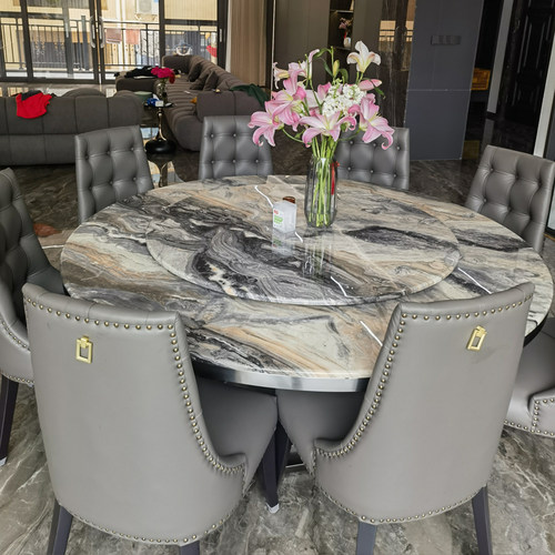 大理石餐桌圆形带转盘高端意式现代简约进口天然奢石威尼斯棕圆桌
