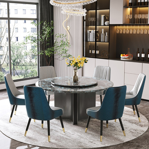 岩板餐桌圆形天然进口蓝翡翠奢石轻奢高端家用大圆桌带转盘圆桌椅 - 封面