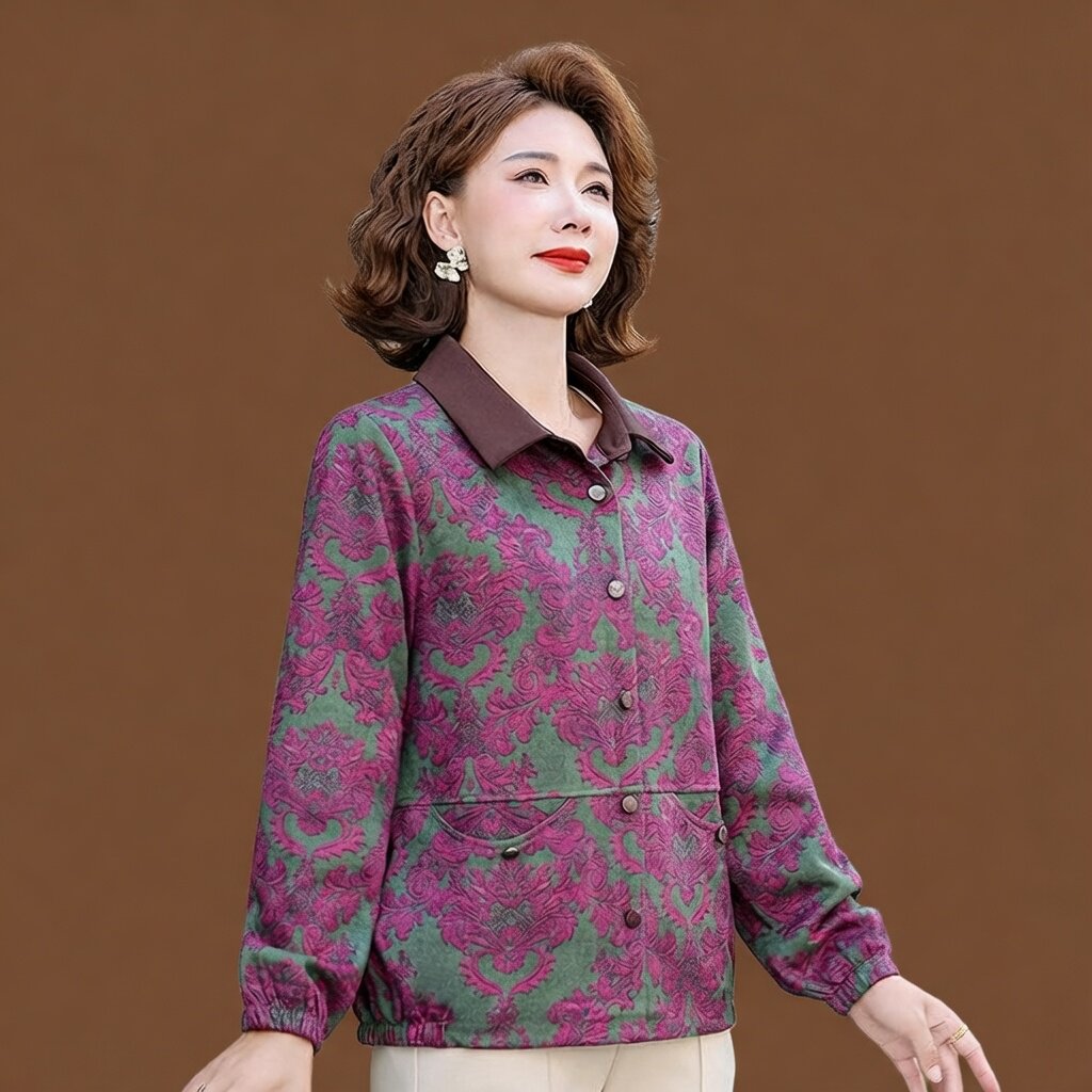 优雅复古印花中老年女士大码外套春秋季新款时尚保暖夹克衫
