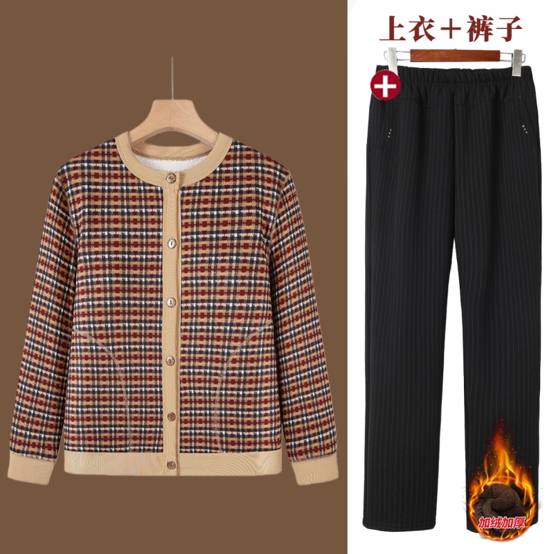 奶奶春秋加绒外套老年人冬装女妈妈毛衣老太太开衫保暖衣老人衣服