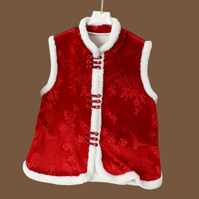 新中式国风2025冬季新款时尚加棉加厚红色盘扣提花重工国风马甲女