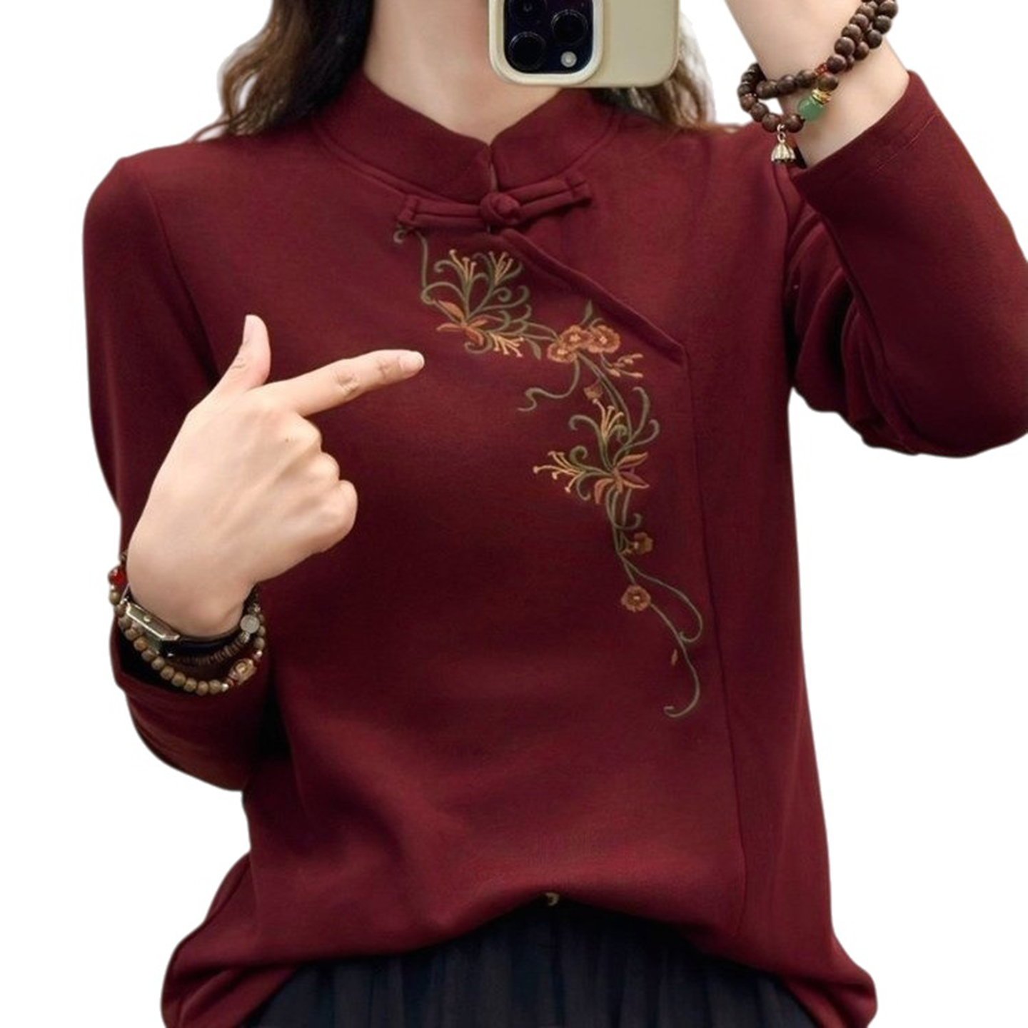 2025秋冬新中式旗袍领刺绣女长袖盘扣打底衫中国风洋气减龄上衣女