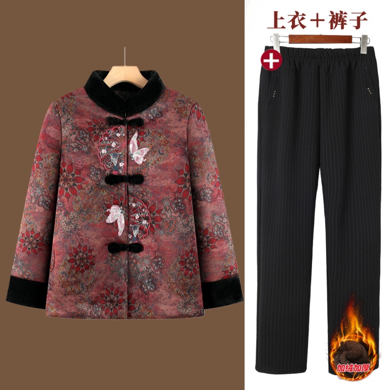 中老年女装冬装加绒加厚唐装棉服奶奶盘扣刺绣保暖棉袄妈妈装外套