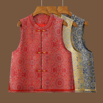 新中式仿宋锦马甲背心女春季新款复古国风提花刺绣唐装舒适上衣女