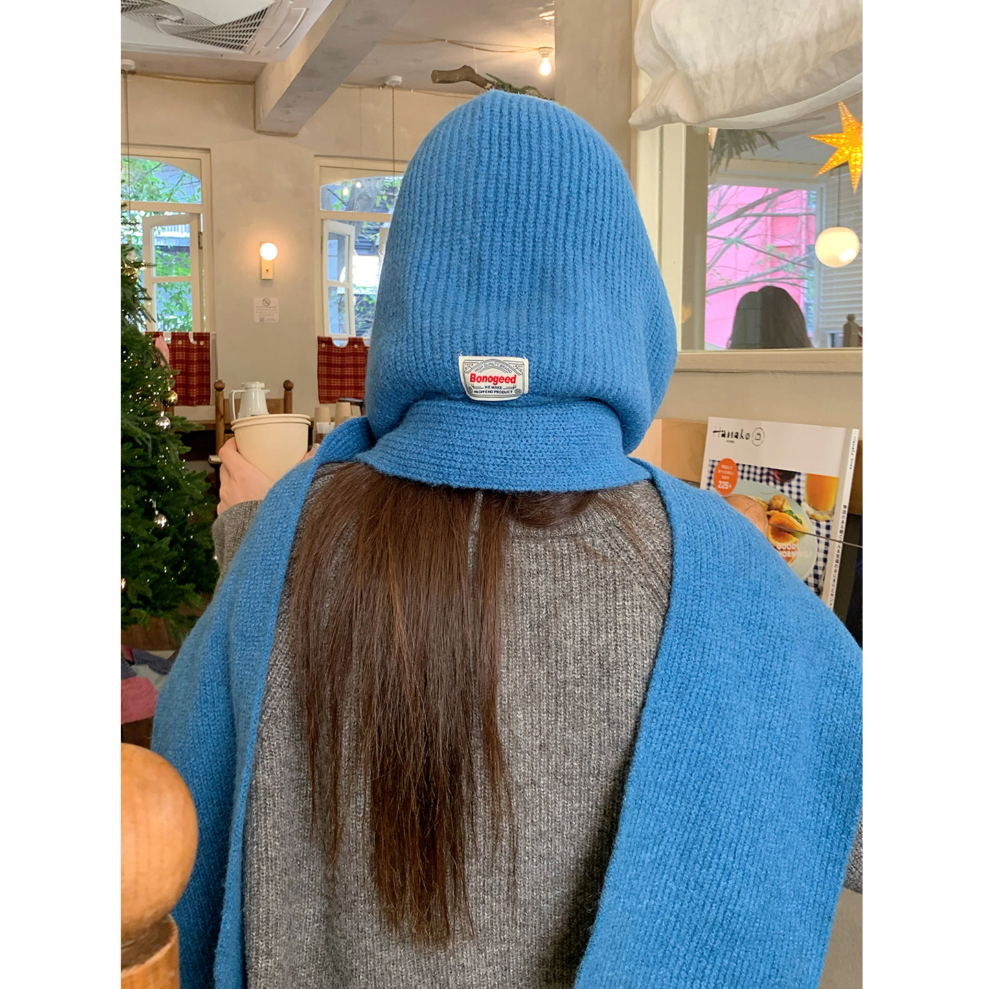 韩版蓝色巴拉克拉法帽子女秋冬季保暖毛线帽子围巾一体连帽针织帽