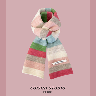 温柔系~韩版羊毛撞色条纹围巾女秋冬保暖百搭学生情侣针织小围脖