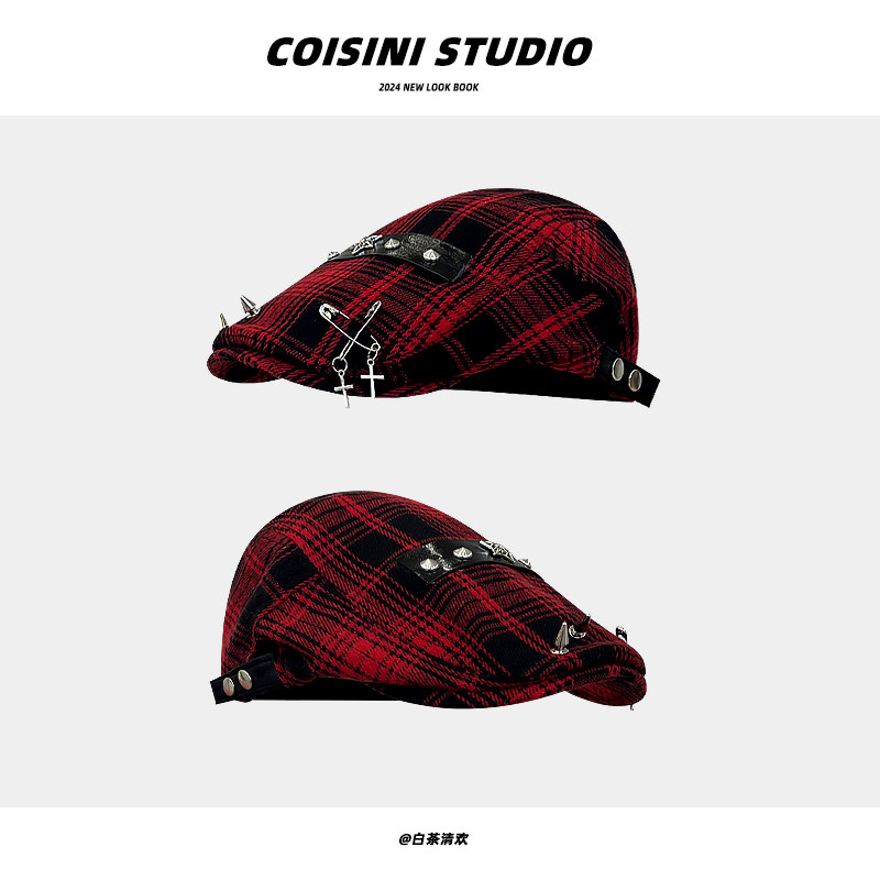 暗黑系街头潮流前进帽女亚文化朋克风中性格子贝雷帽子宽檐显脸小,服饰配件/皮带/帽子/围巾,帽子,淘宝优惠券,粉丝福利购,淘宝优惠卷