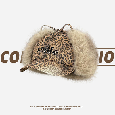 美式复古豹纹毛绒鸭舌帽