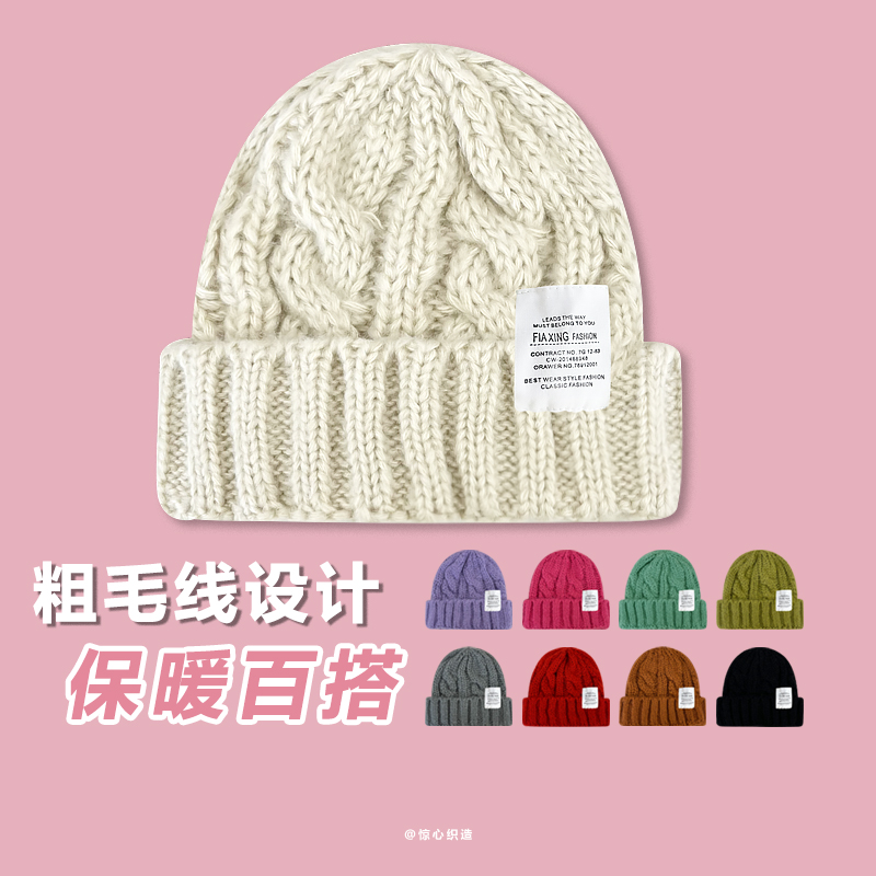 韩版简约百搭ins麻花针织毛线帽