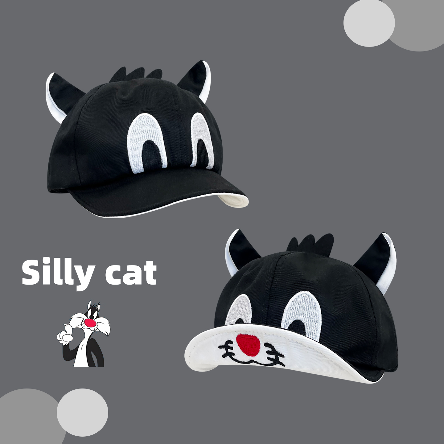 傻大猫搞怪黑猫软顶翻檐鸭舌帽子