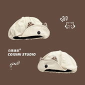 日系复古棉麻豹纹耳朵翻檐云朵帽女春夏可爱百搭显脸小八角画家帽