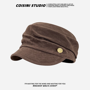 日系复古麂皮绒不规则褶皱鸭舌帽子女春秋百搭休闲报童帽画家帽潮