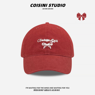 日系甜美蝴蝶结刺绣棒球帽女韩版 大头围显脸小宽帽檐百搭鸭舌帽子