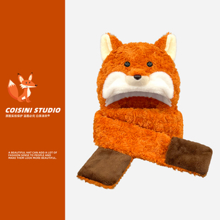 可爱火红狐狸毛绒帽子围巾手套一体三件套女秋冬新款加厚保暖护耳