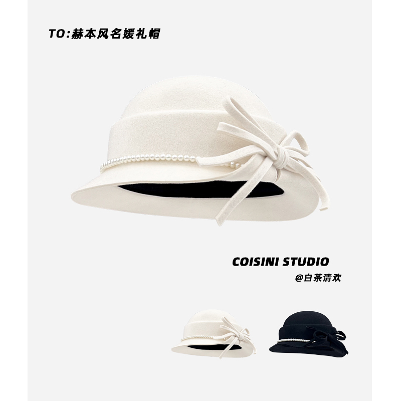 赫本风100%绵羊毛蝴蝶结翻檐礼帽