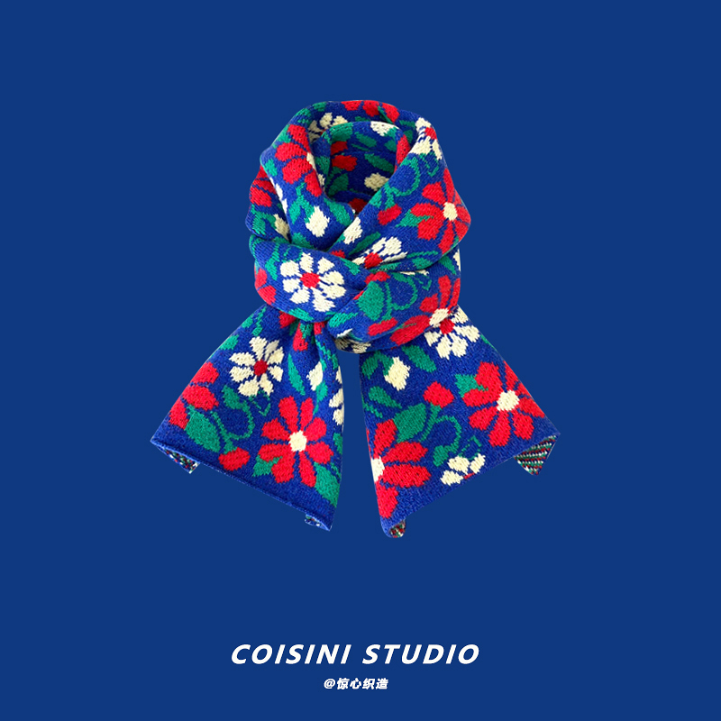 日系复古克莱因蓝花朵毛线小围巾女秋冬季保暖学生百搭针织围脖潮