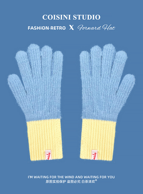 韩版新款蓝色毛绒可爱针织手套女秋冬保暖防寒骑行学生分指可触屏