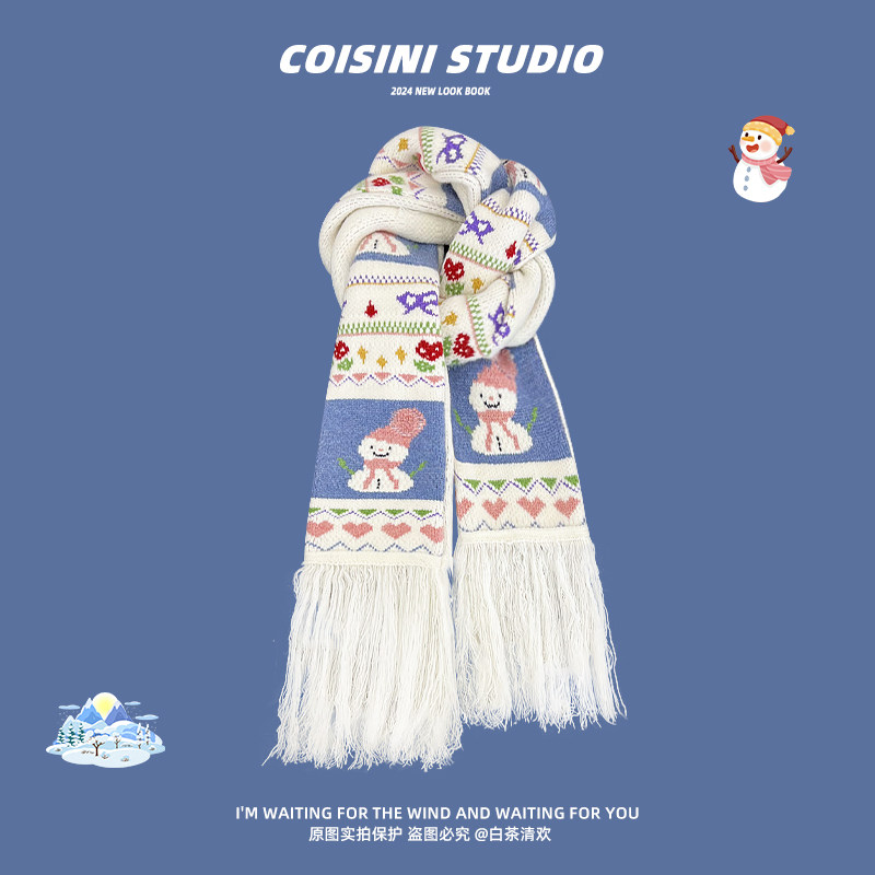 冬季新款柔软雪人提花手绣流苏围巾女生保暖小众时尚百搭毛线围脖,服饰配件/皮带/帽子/围巾,围巾/丝巾/披肩,淘宝优惠券,粉丝福利购,淘宝优惠卷