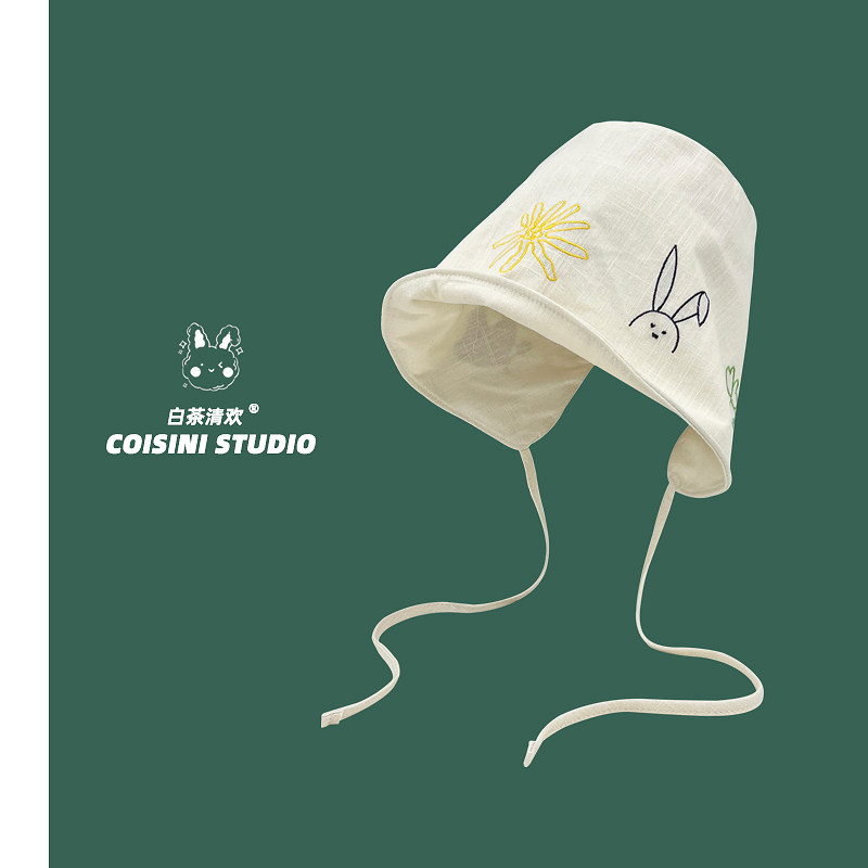 2025新款卡通刺绣棉麻绑带渔夫帽子女夏季休闲百搭遮阳防晒太阳帽