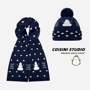 韩式 圣诞提花雪人针织帽子围巾女秋冬加厚保暖防寒护耳毛线帽围脖