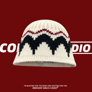 日系复古费尔岛风针织渔夫帽子男女同款 宽檐显脸小毛线盆帽潮 冬季