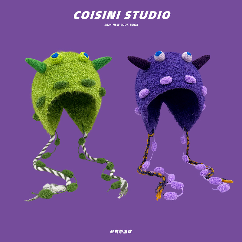 2025新款糖果怪兽可爱毛绒手工针织帽女秋冬保暖护耳搞怪辫子帽潮