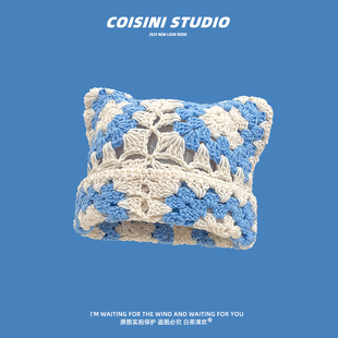 日系复古镂空手工猫耳针织套头帽子女秋冬甜美百搭显脸小毛线冷帽