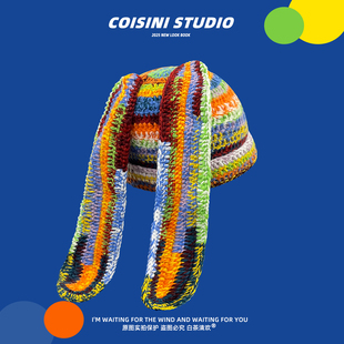 设计师款 手工彩虹条纹兔耳针织毛线帽子女秋冬保暖街拍护耳套头帽