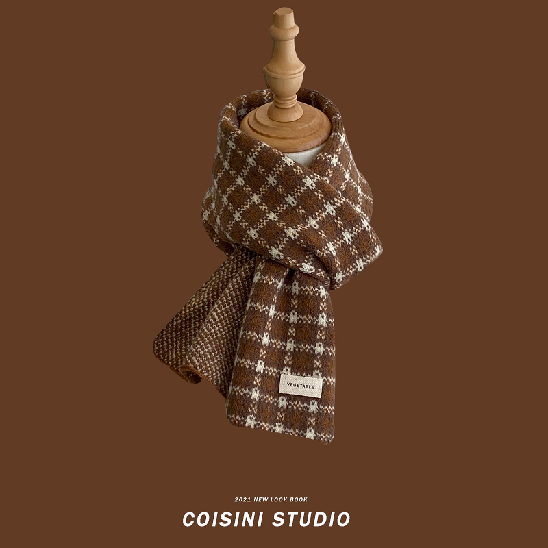 撞色格子毛线保暖休闲布标小围巾