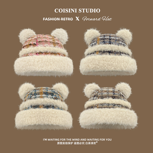 复古格纹小熊耳朵毛绒渔夫帽子女生秋冬季 保暖加厚宽檐盆帽显脸小