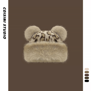 复古豹纹耳朵毛绒蒙古帽子男女同款秋冬季加厚保暖仿皮草护耳盆帽