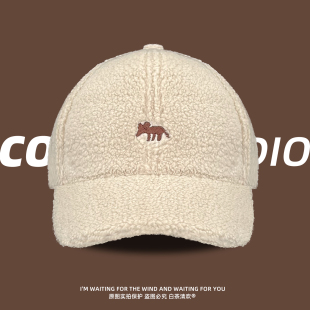 新款 百搭显脸小棒球帽潮 小狐狸刺绣羊羔毛绒鸭舌帽女秋冬保暖时尚