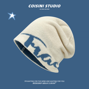 个性 字母加厚针织套头帽子女秋冬保暖护耳大头围堆堆帽情侣冷帽潮