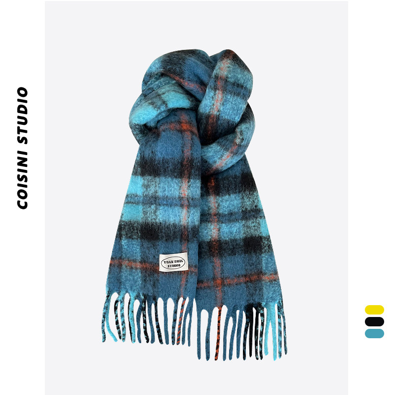 韩版ins蓝色格子马海毛围巾女秋冬季高级氛围感流苏围脖披肩两用,服饰配件/皮带/帽子/围巾,围巾/丝巾/披肩,淘宝优惠券,粉丝福利购,淘宝优惠卷