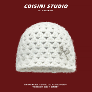 日系白色珍珠蝴蝶结镂空钩花包头帽女秋冬时尚 韩系高级感针织帽潮