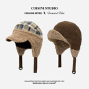 秋冬新款 加绒羊羔绒飞行帽子女双面戴格纹护耳帽加厚保暖雷锋帽男