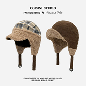 秋冬新款 加绒羊羔绒飞行帽子女双面戴格纹护耳帽加厚保暖雷锋帽男